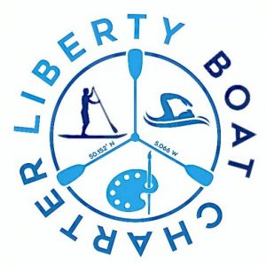 logo showing a wild swimmer a paddleboarder and a paint palette within a circle